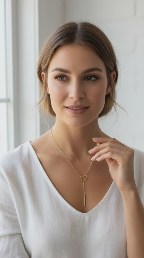 Geometric Gold Necklace with Square Pendant and Bar Drop