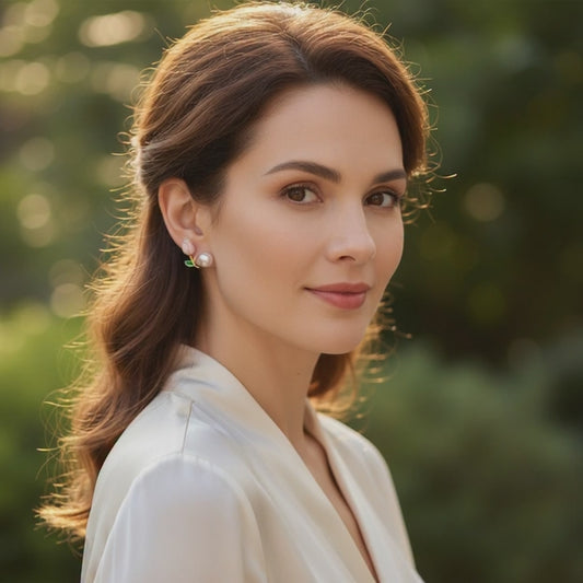 Rose Pearl Earrings with Green Leaves