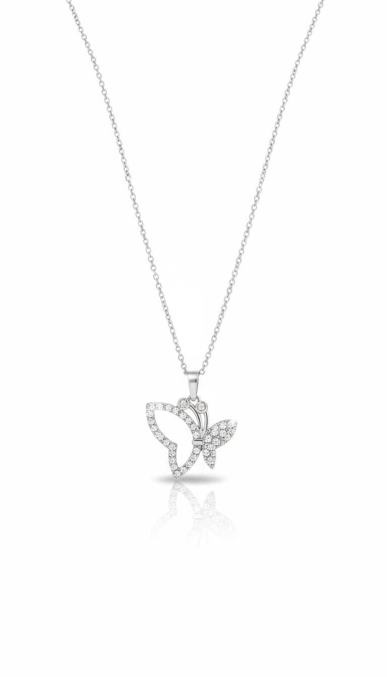 Professional butterfly necklace on white background