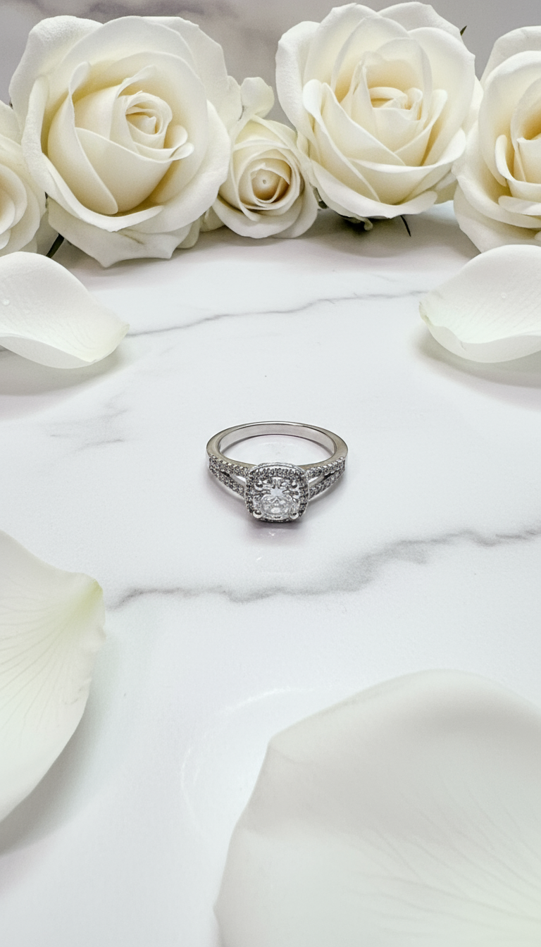 Professional ring photography with marble and white roses