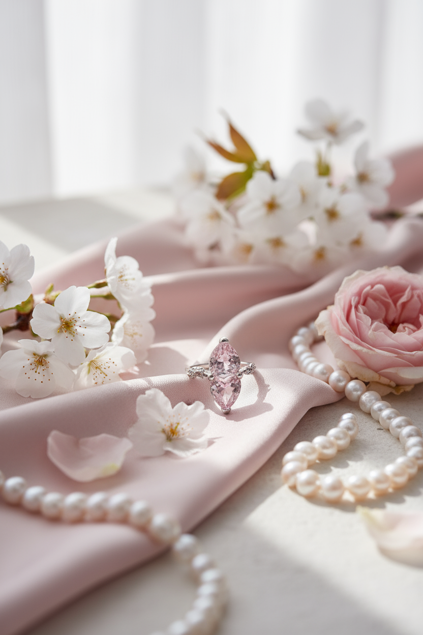 Romantic pink gemstone ring scene