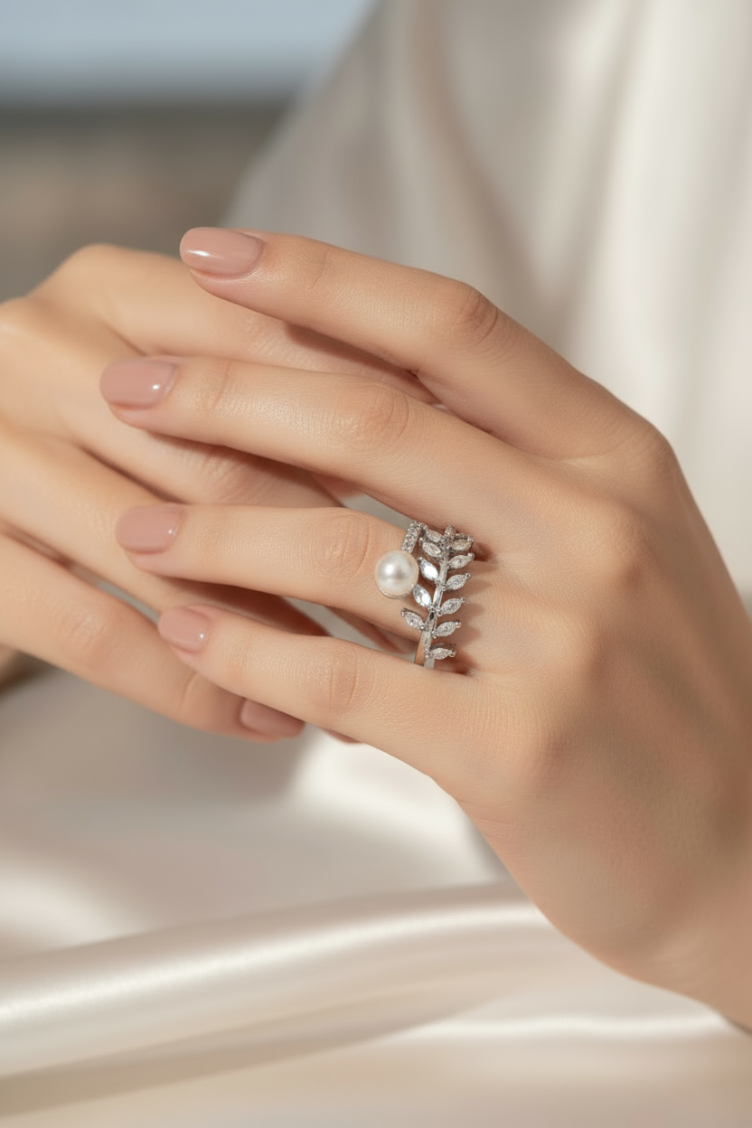 Social media optimized pearl and crystal ring