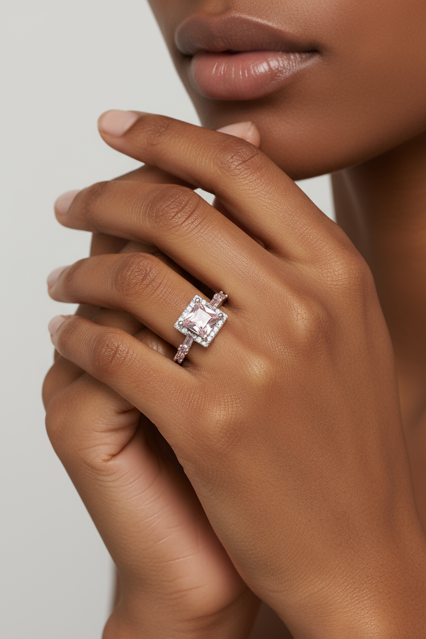 Woman of African descent wearing emerald-cut pink ring