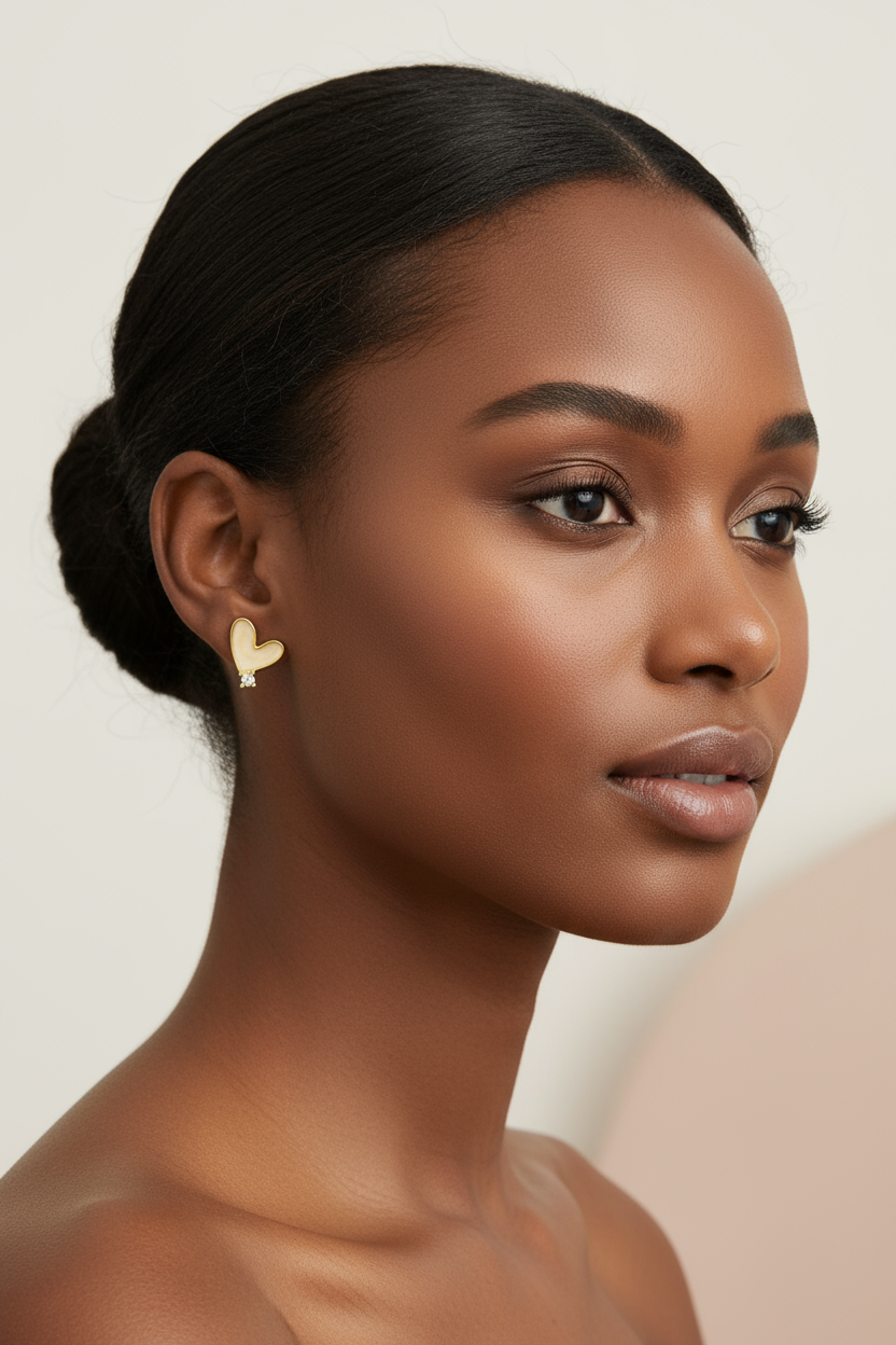 Woman of African descent wearing heart stud earrings