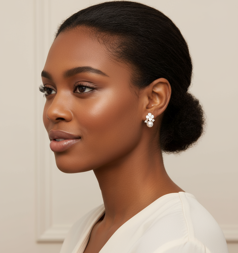 Woman of African descent wearing pearl and flower earrings
