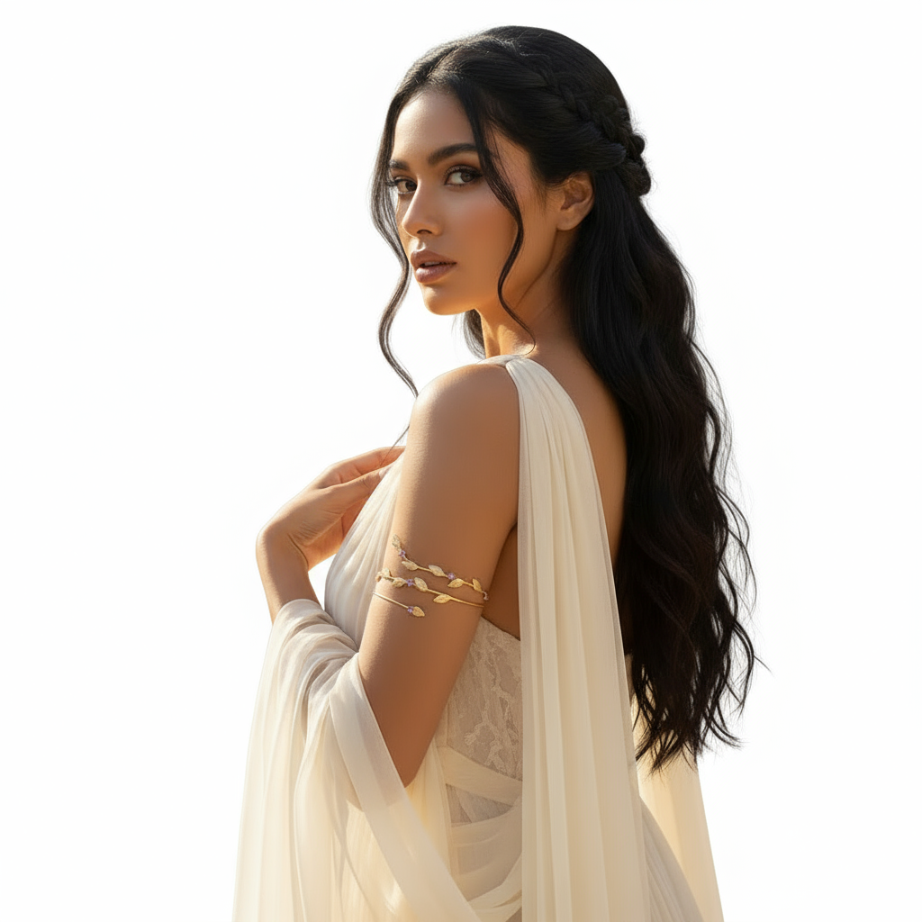 Woman wearing arm cuff - background removed