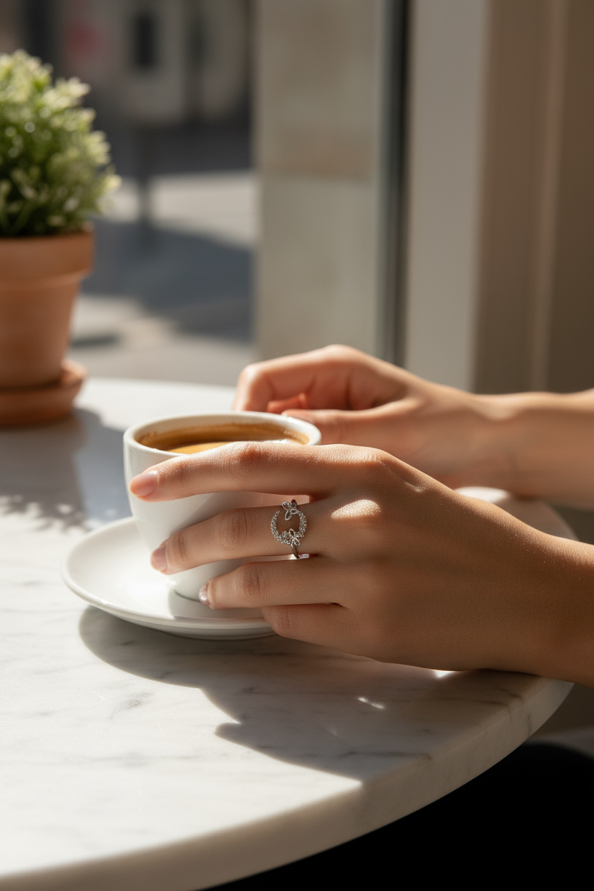 Woman wearing butterfly ring at café