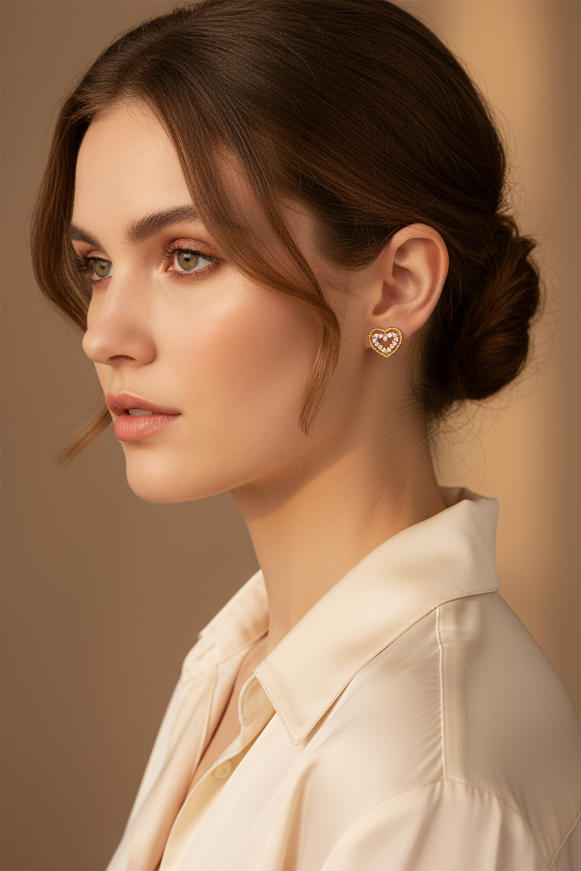 Woman wearing delicate heart stud earrings
