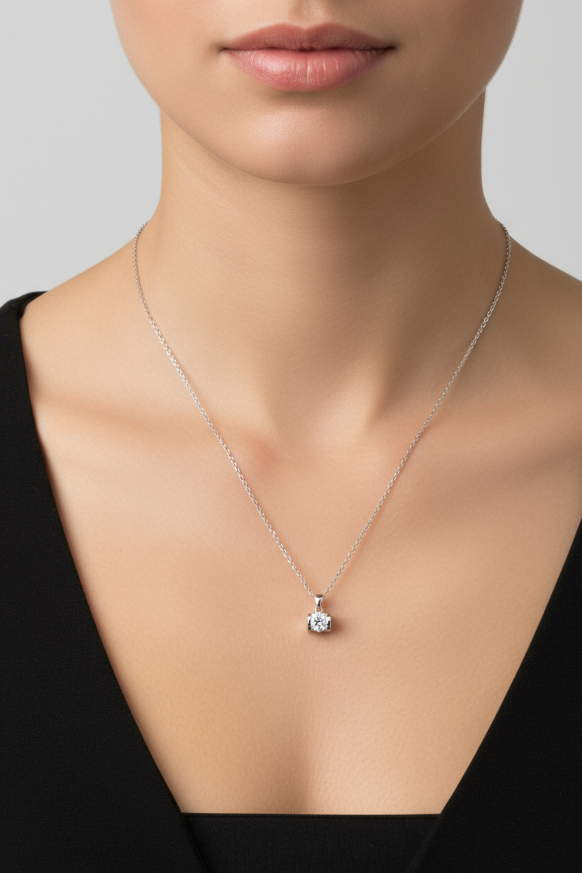 Woman wearing diamond pendant necklace