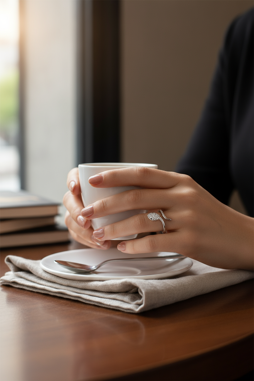 Woman wearing elegant snake ring