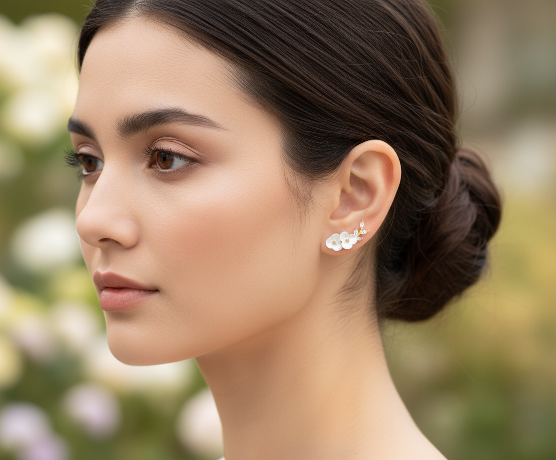 Woman wearing floral earrings