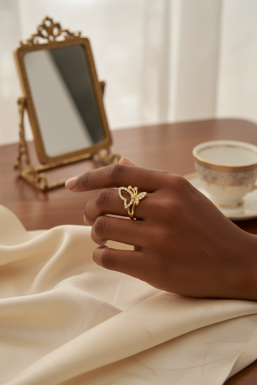 Woman wearing gold butterfly and crown ring