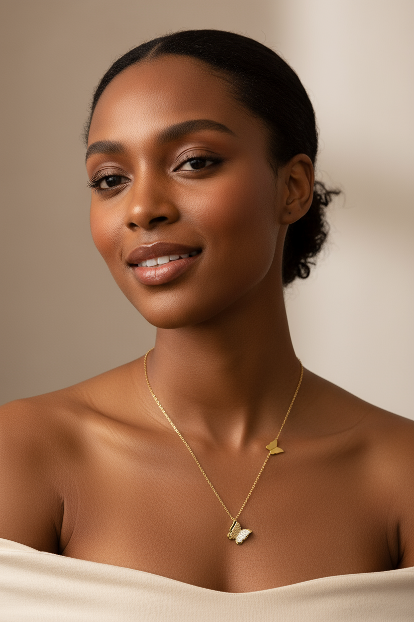 Woman wearing gold butterfly necklace
