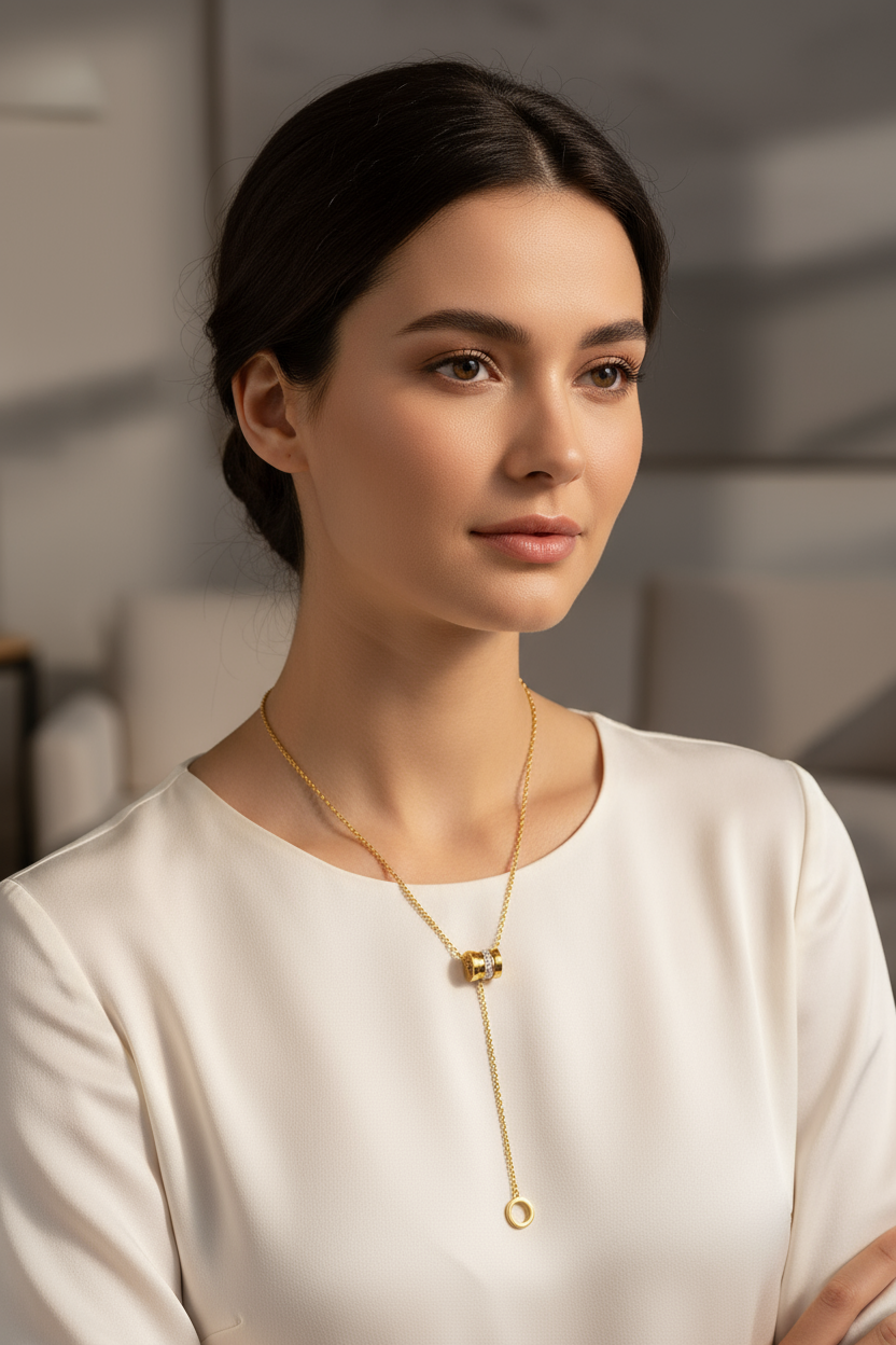 Woman wearing gold lariat necklace