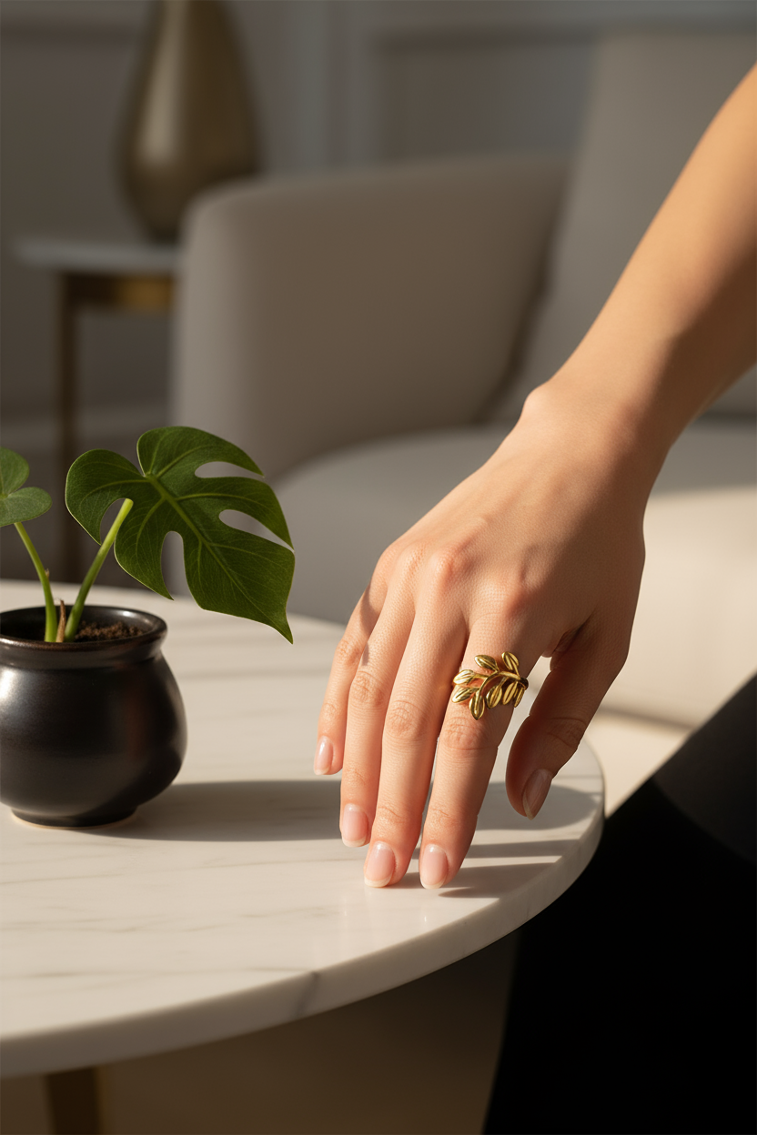 Woman Wearing Gold Leaf Ring