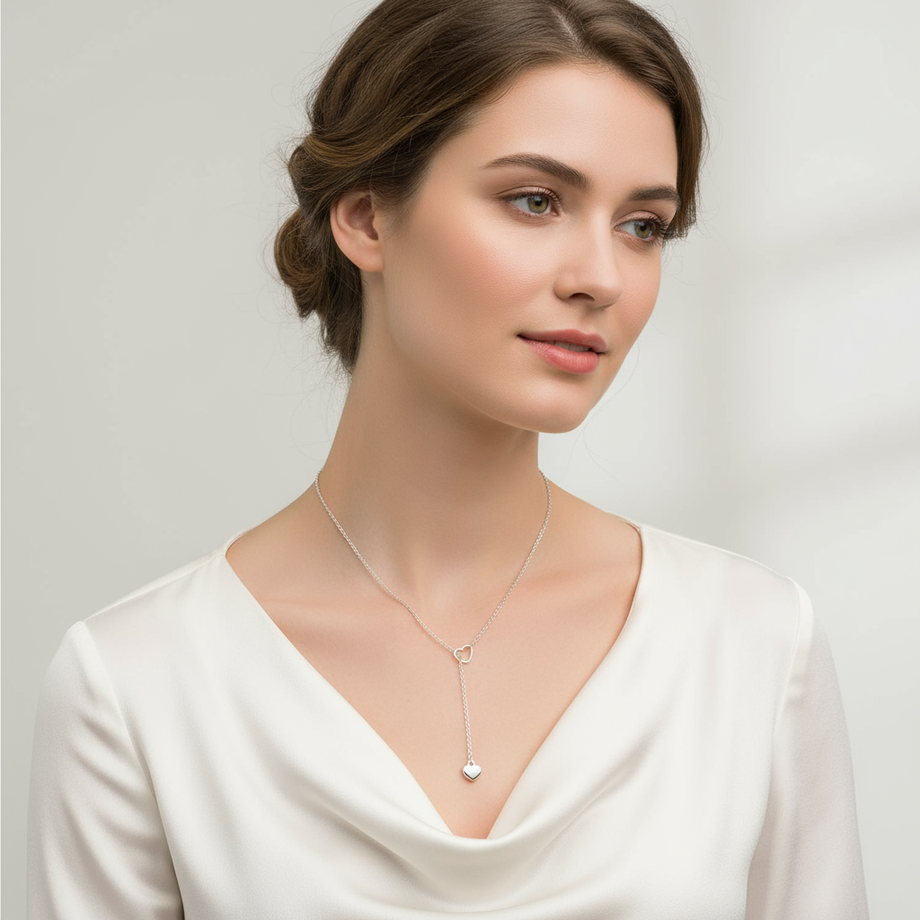 Woman wearing heart lariat necklace