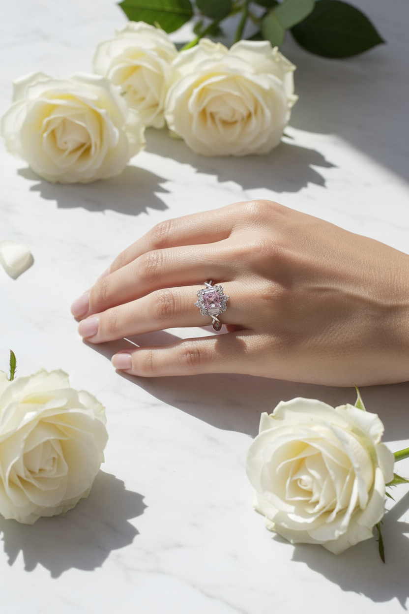 Woman wearing petite pink gemstone ring