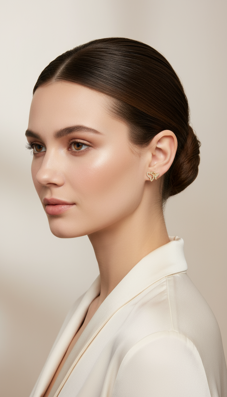 Woman wearing small gold butterfly earrings