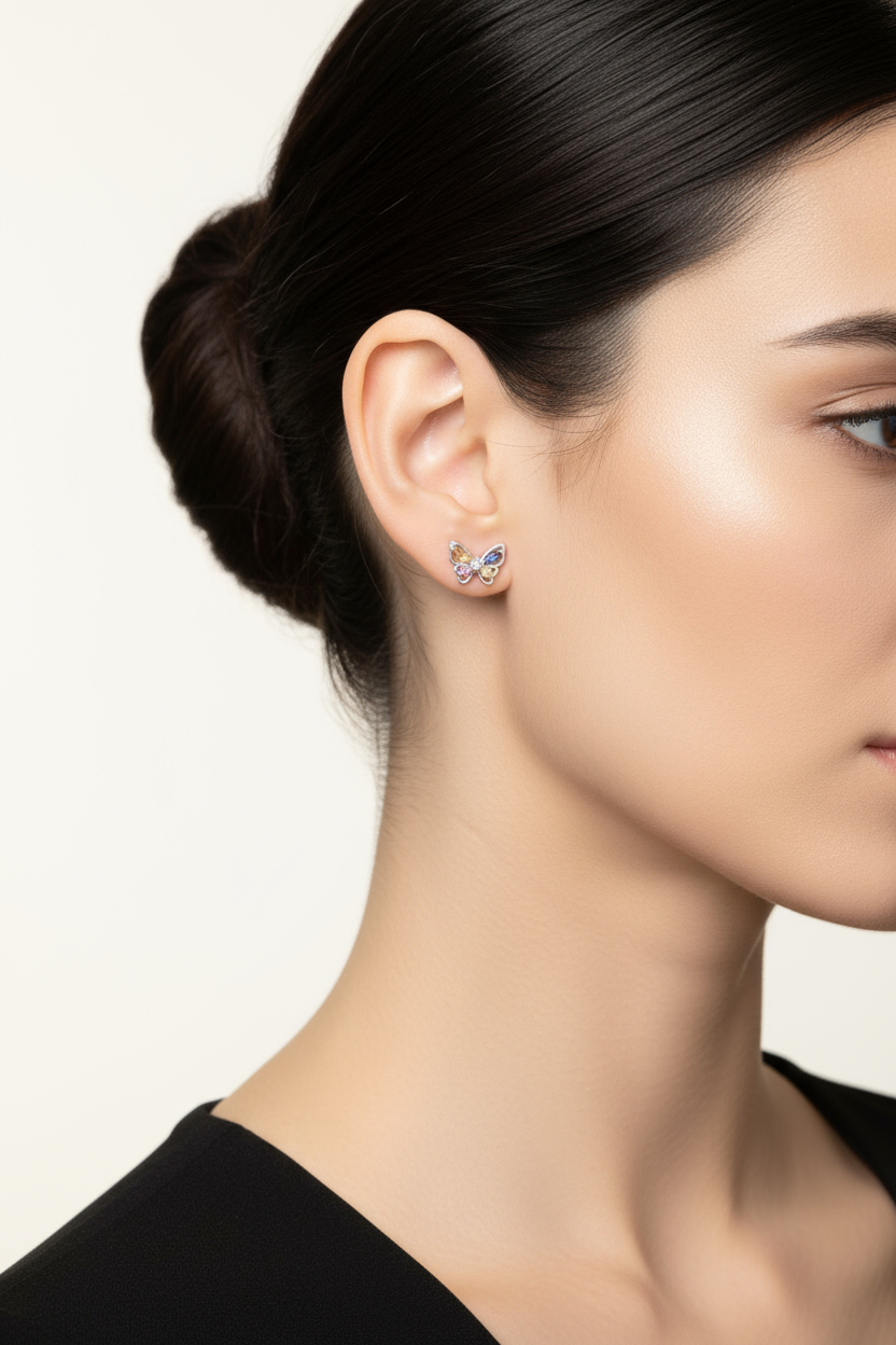 Woman Wearing Tiny Butterfly Earrings